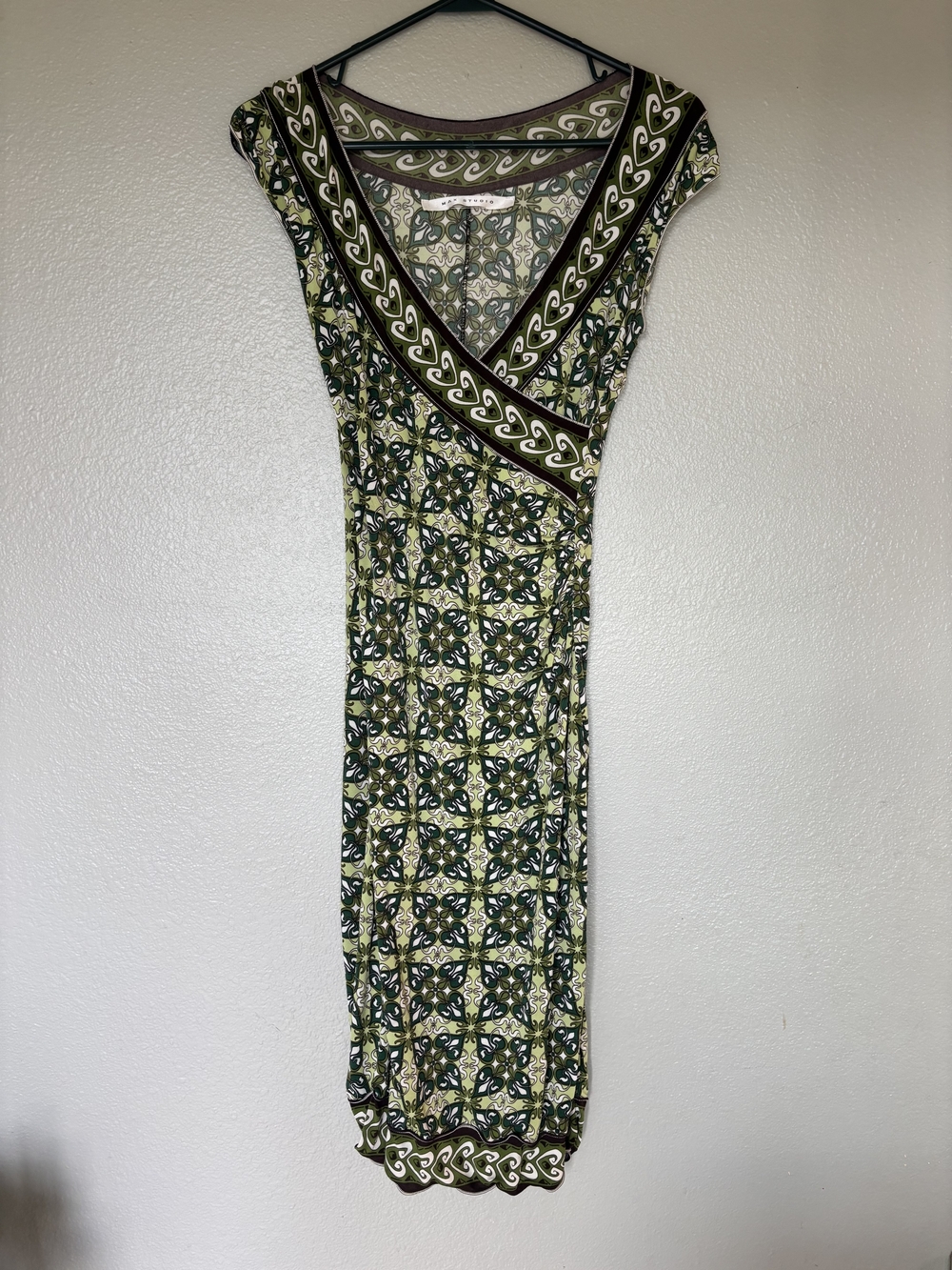 Max Studio Olive & Cream Geometric Faux Wrap Dress 90's, Y2K, Gilmore Girls